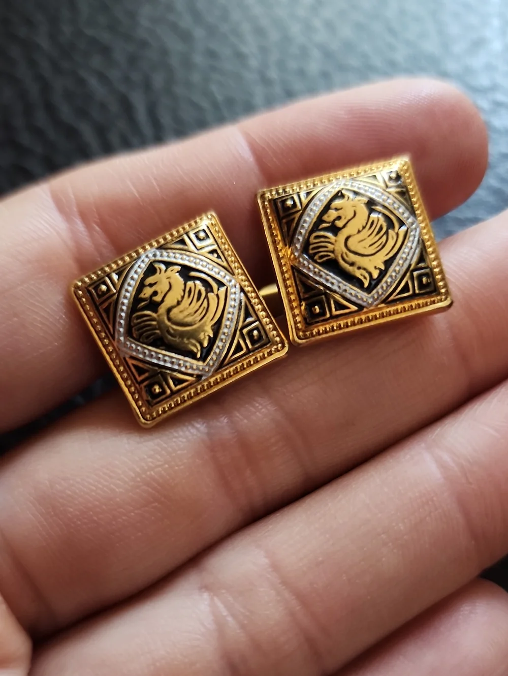 VTG Damascene Gold Tone Square Griffin Motif Cufflinks
